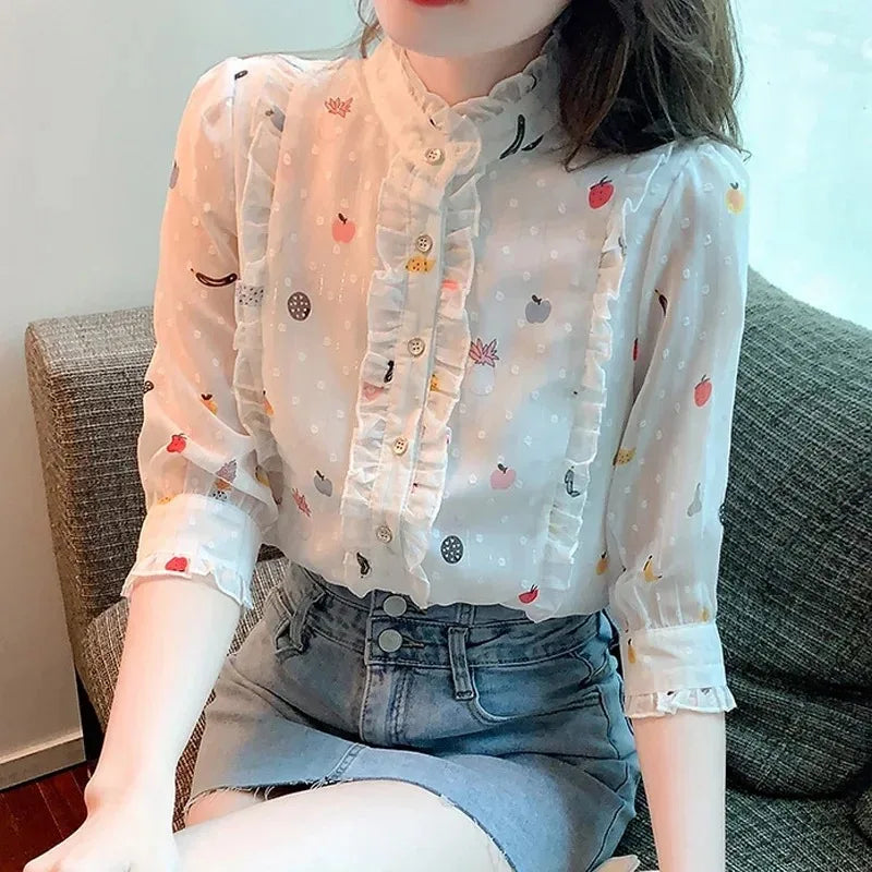 Women's Sweet Floral Print Chiffon Blouse with Edible Tree Fungus Collar, Half Sleeve Lightweight Summer Top, Casual and Comfortable White Shirt