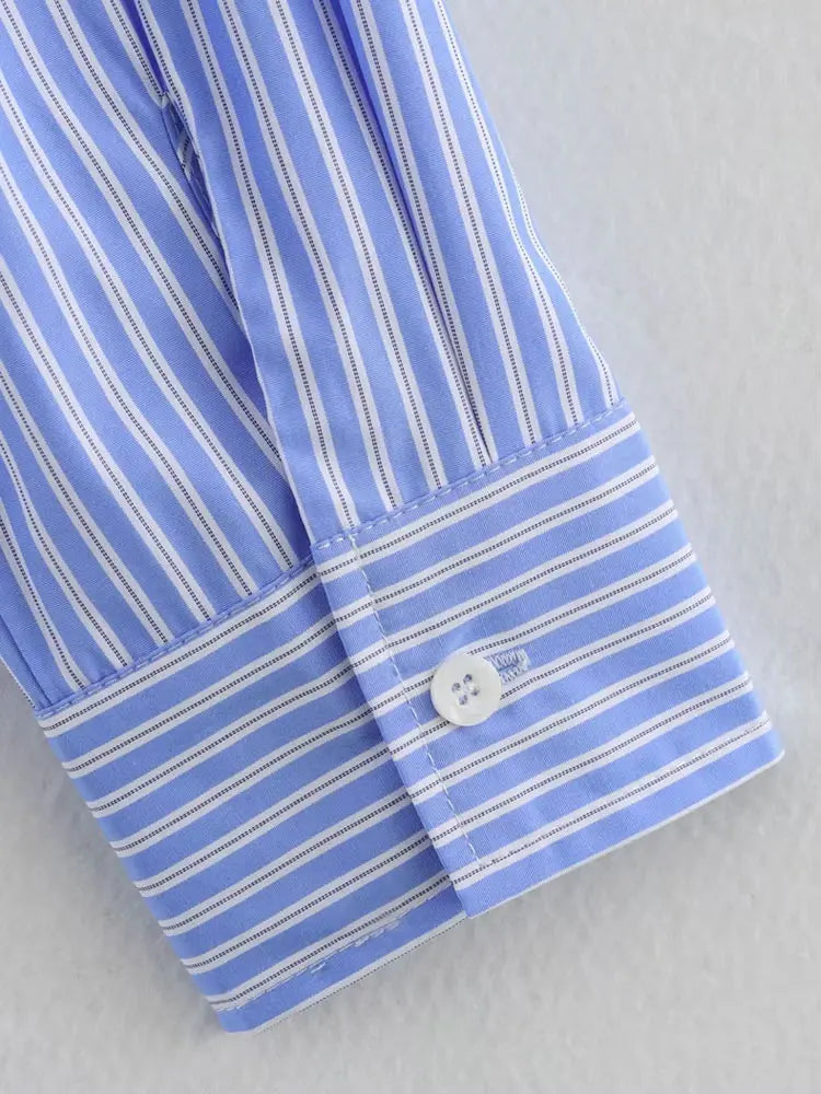 Women's Chic Striped Crop Shirt Long Sleeve Button-Up Blouse with Pockets Casual Fashion Top