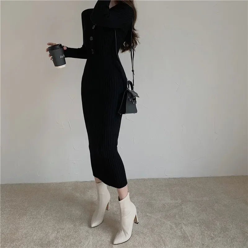 Knit V Neck Women Sweater Dress Long Sleeve Bodycon Office