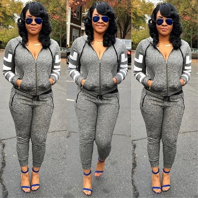 Casual Grey Tracksuit Set for Women Two Piece Sport Suit with Hoodies and Jogging Pants Plus Size Harajuku Style