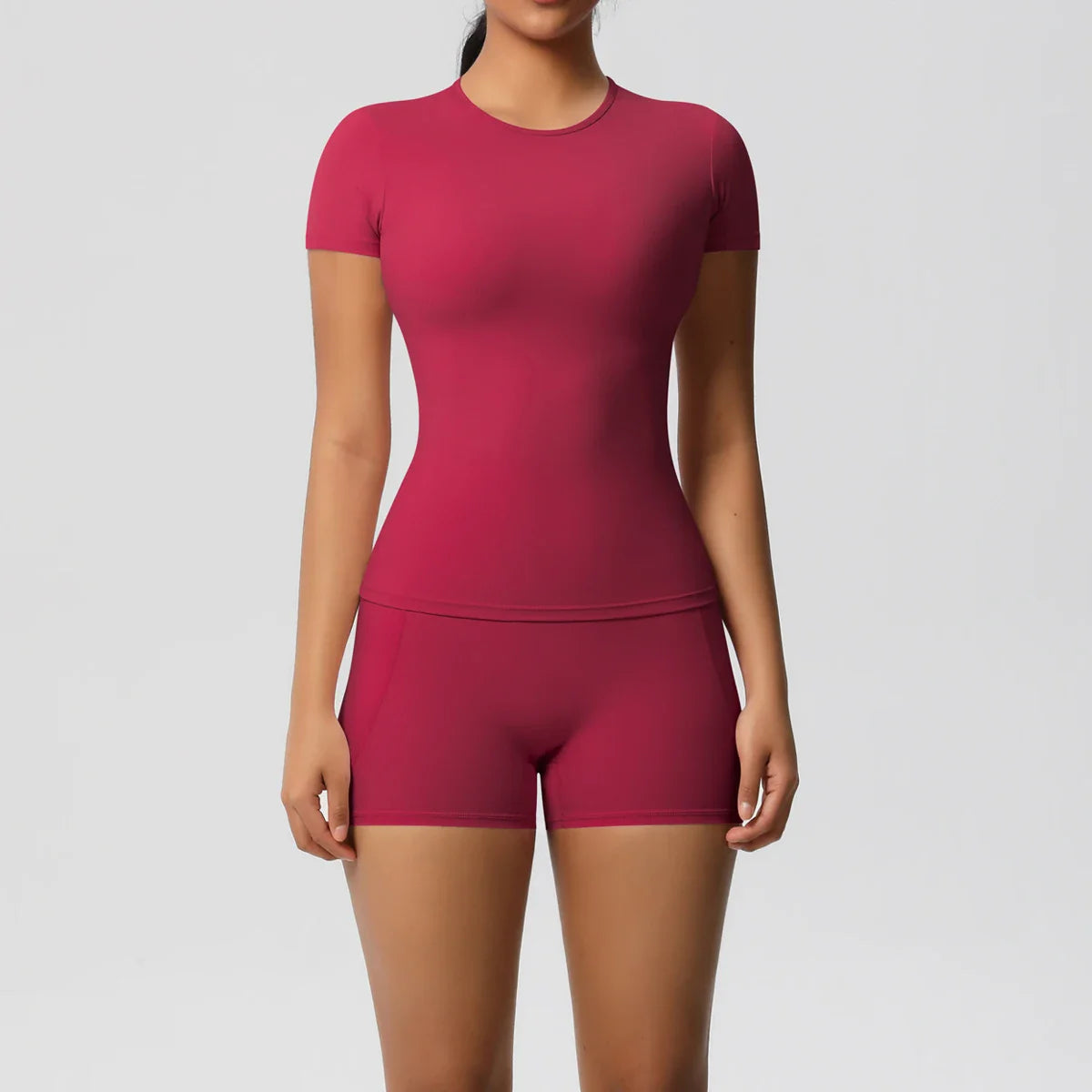 2PCS Women's Yoga Set with Pocketed Shorts and Short Sleeve Crop Top Sports Bra Comfortable Fitness Tracksuit Activewear for Gym and Outdoor Workouts