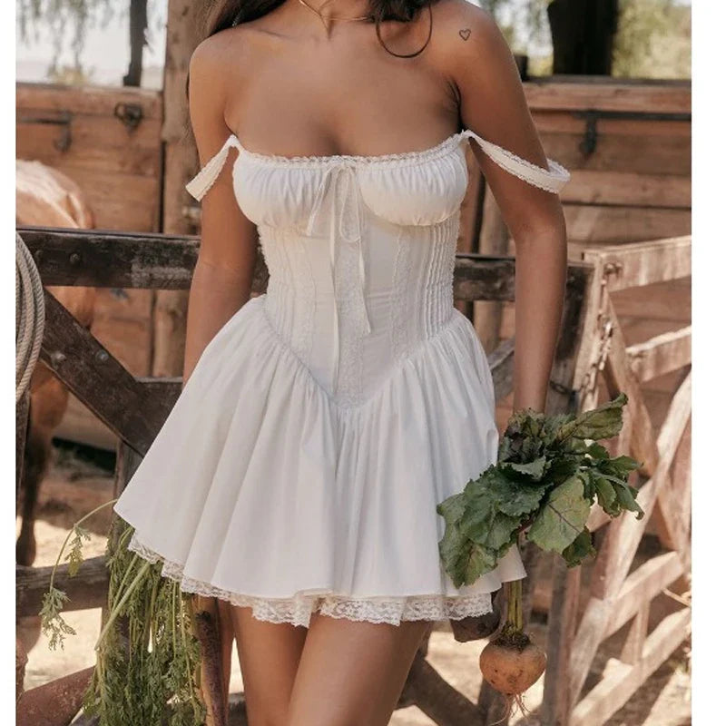 White Sleeveless Party Dress With Slash Neck Pleated A Line