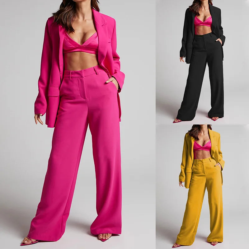 Elegant Women's Blazer Set with High Waisted Pants for Stylish Office Wear in Solid Colors Perfect for All Seasons