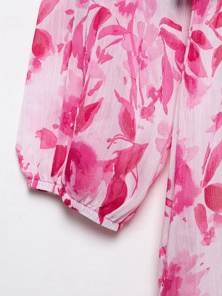 Printed Midi Dress With Belt for Women V Neck Chic