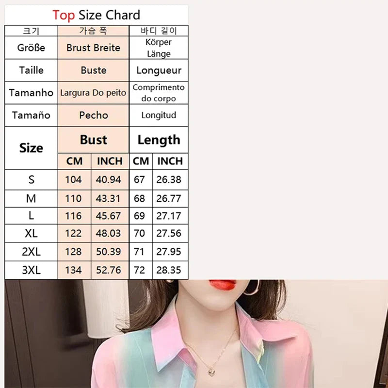 Irregular Gradient Rainbow Color Sheer Turn-Down Collar Long Sleeve Loose Fit Women's Casual Blouse Top