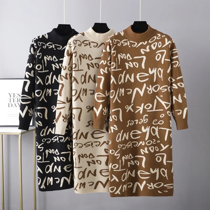 Vintage Knit Sweater Dress With Graffiti Letter Print