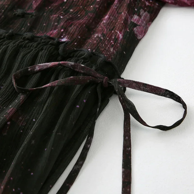 Purple Floral Chiffon Dress With V Neck And Lantern Sleeves