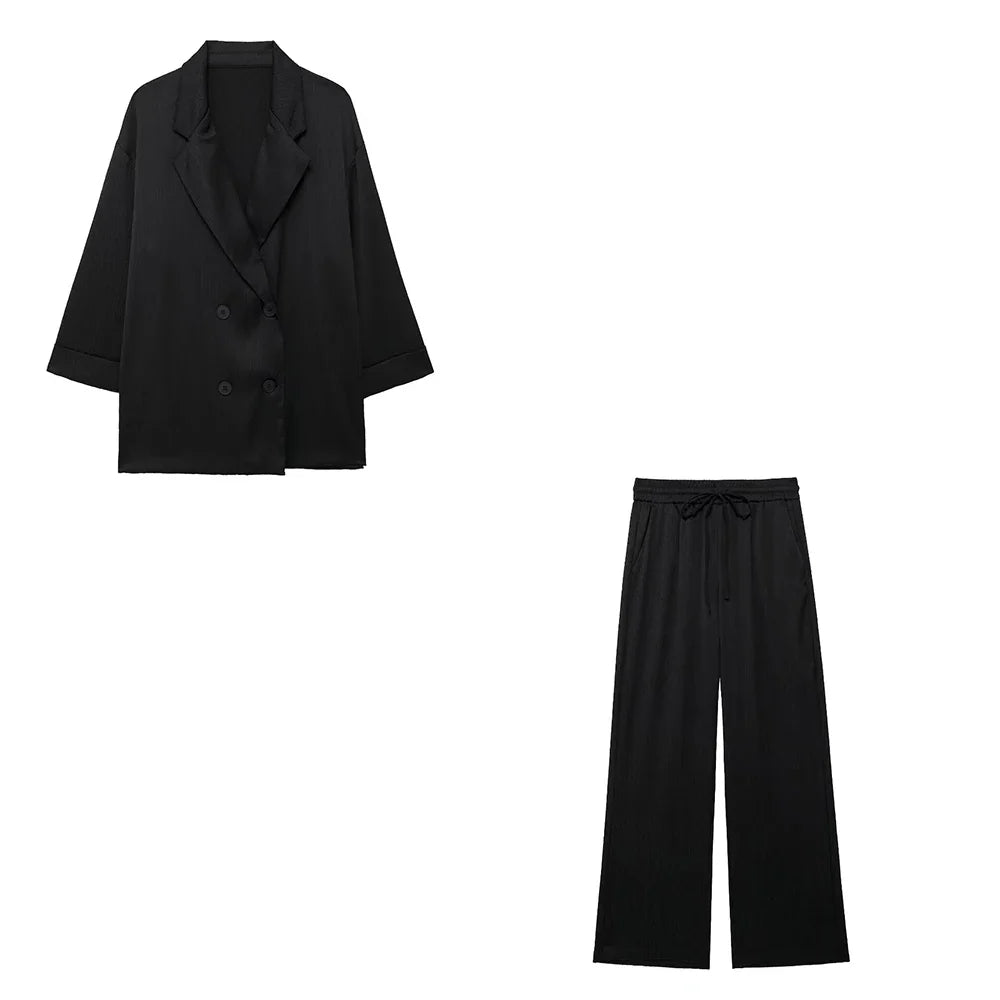 Chic Vintage Pink Loose Blazer and High Waist Wide Leg Pants Set for Women