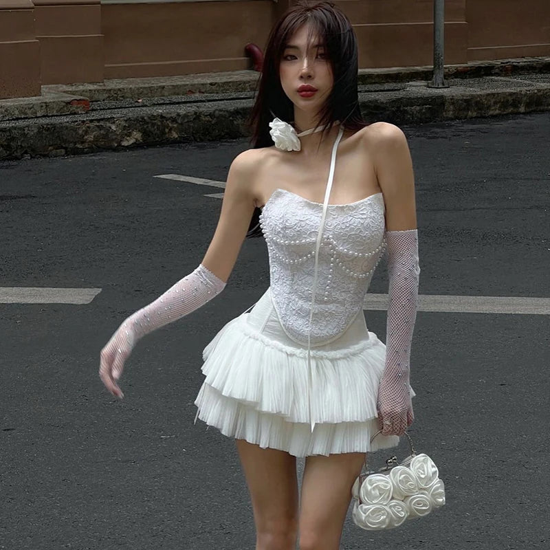 Solid Pearl Embellished Two Piece Set Sleeveless Floral Slim Fit Vest with Pleated Mini Skirt Summer Women's Fashion Ensemble