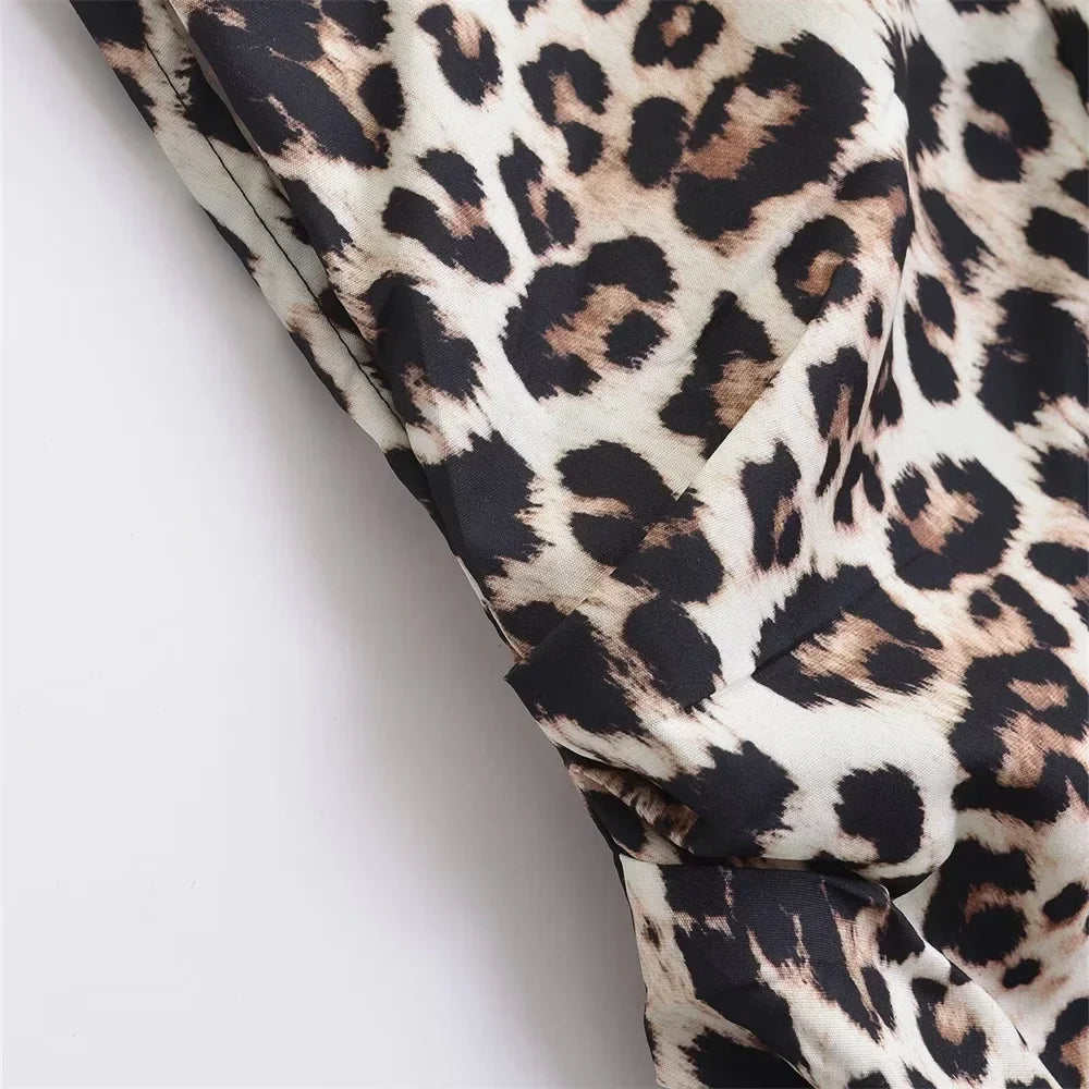 Leopard Print Sleeveless Midi Dress With Round Neck