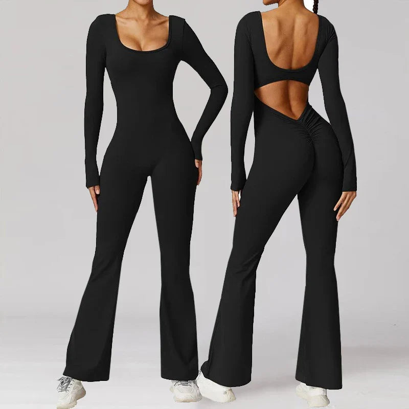 Long Sleeved U-Neck Tight Fit Backless Jumpsuit for Autumn and Winter Yoga Sports and Leisure