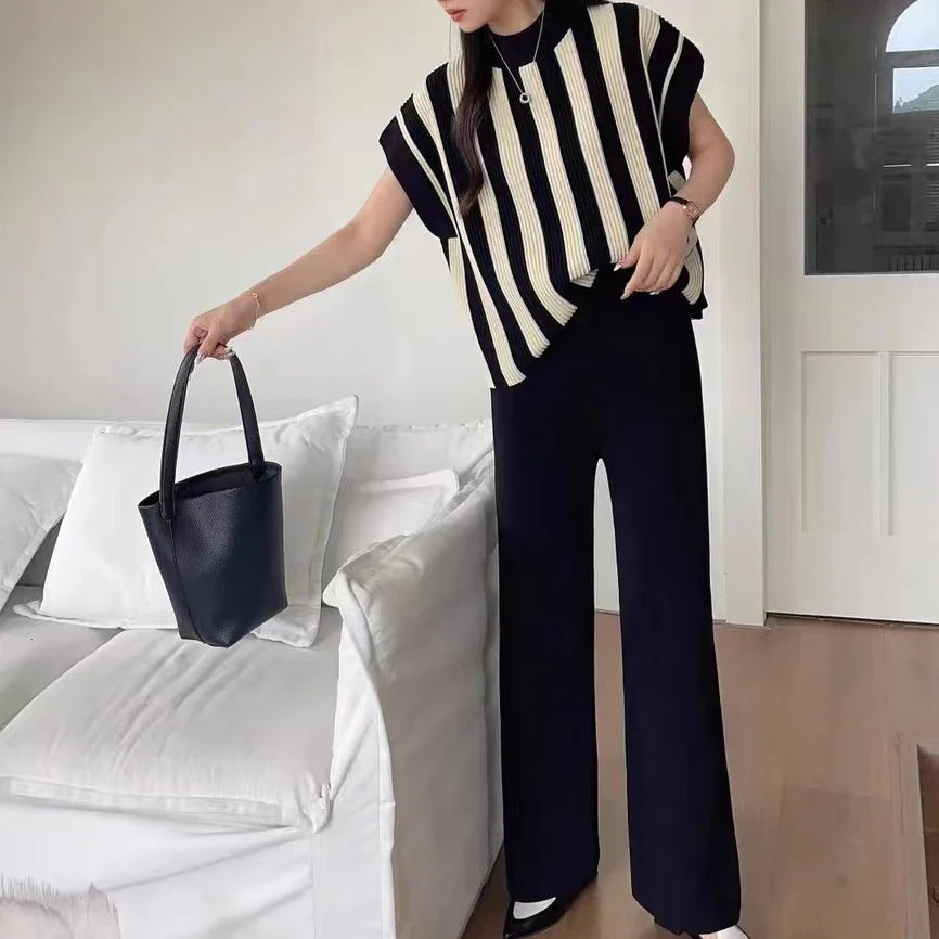Women Casual Striped Sweater Pant Set Autumn Winter Knitted Short Sleeve Tops and Elastic Sweater Pants