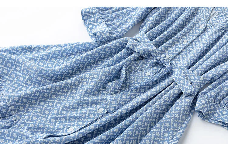 Silk Midi Dress For Women Blue Floral Ruffles V Neck