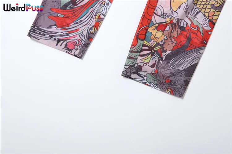 Women's Backless Dragon Print See-Through Jumpsuit Slim Stretch Short Sleeve Workout Overalls Clubwear