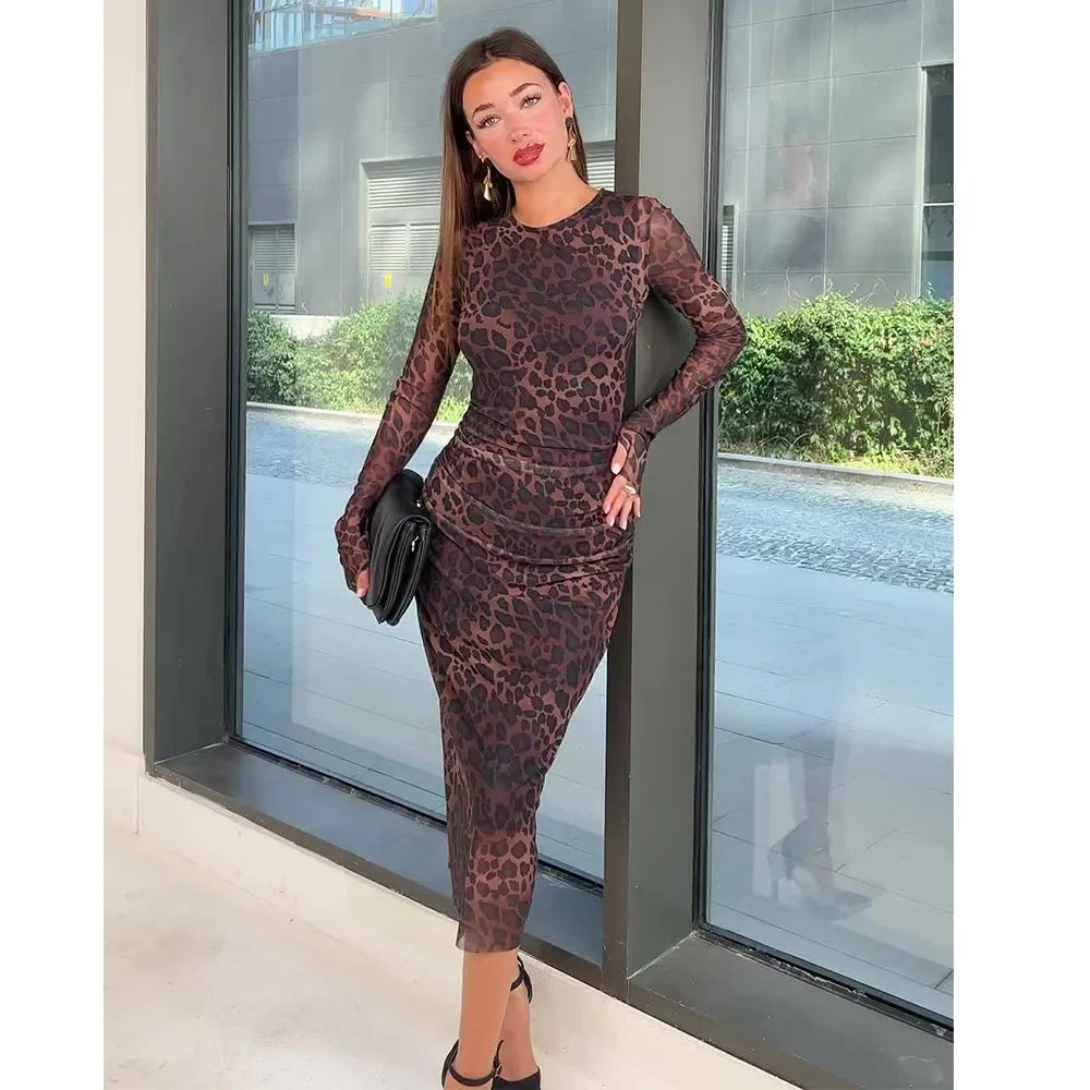 Leopard Print Bodycon Dress Retro Long Sleeve Party Dress