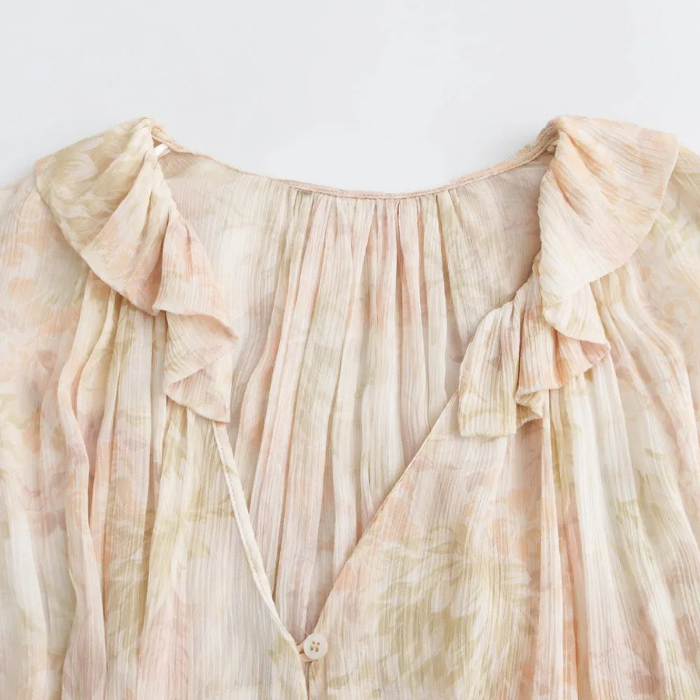 Loose Printed Blouse for Women with Pleated V-Neck Lantern Sleeves Single-Breasted Casual Pullover Shirt Chic Lightweight Spring Summer Top