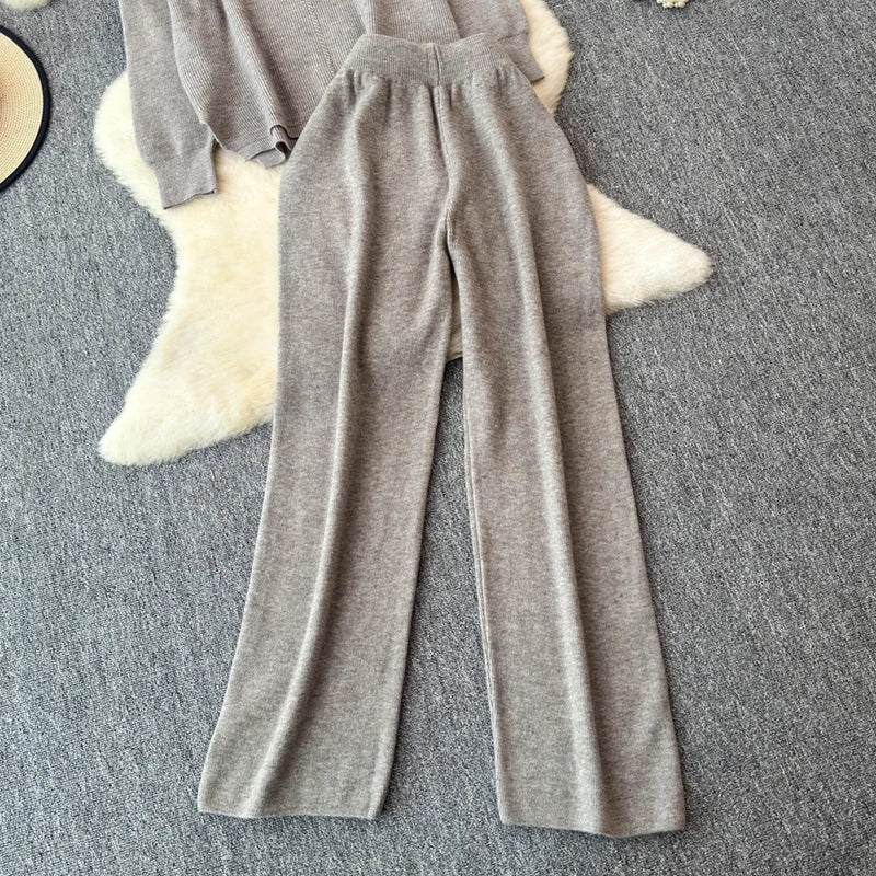 Cozy Knitted Two-Piece Women's Tracksuit Set with V-Neck Sweater and Straight Jogging Pants Autumn Winter Lounge Wear