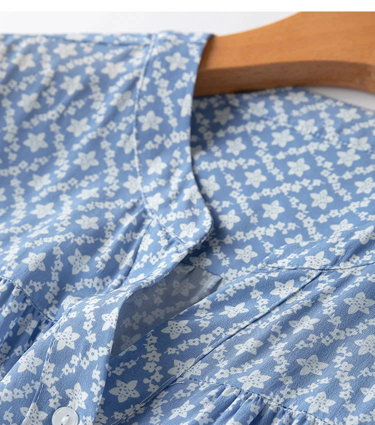 Silk Midi Dress For Women Blue Floral Ruffles V Neck