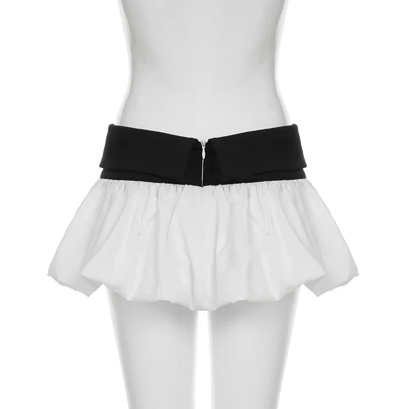 Slim Contrast Color Two-Piece Dress Set for Women Bandage Slash Neck Halter Top with Low-Waisted A-Line Skirt Elegant Sweet Casual Outfit