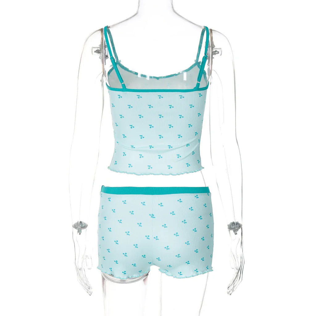 Cherry Print Two-Piece Matching Set with Slim Crop Camisole Top and Bow-Accent Shorts Summer Casual Festival and Workout Outfit for Women