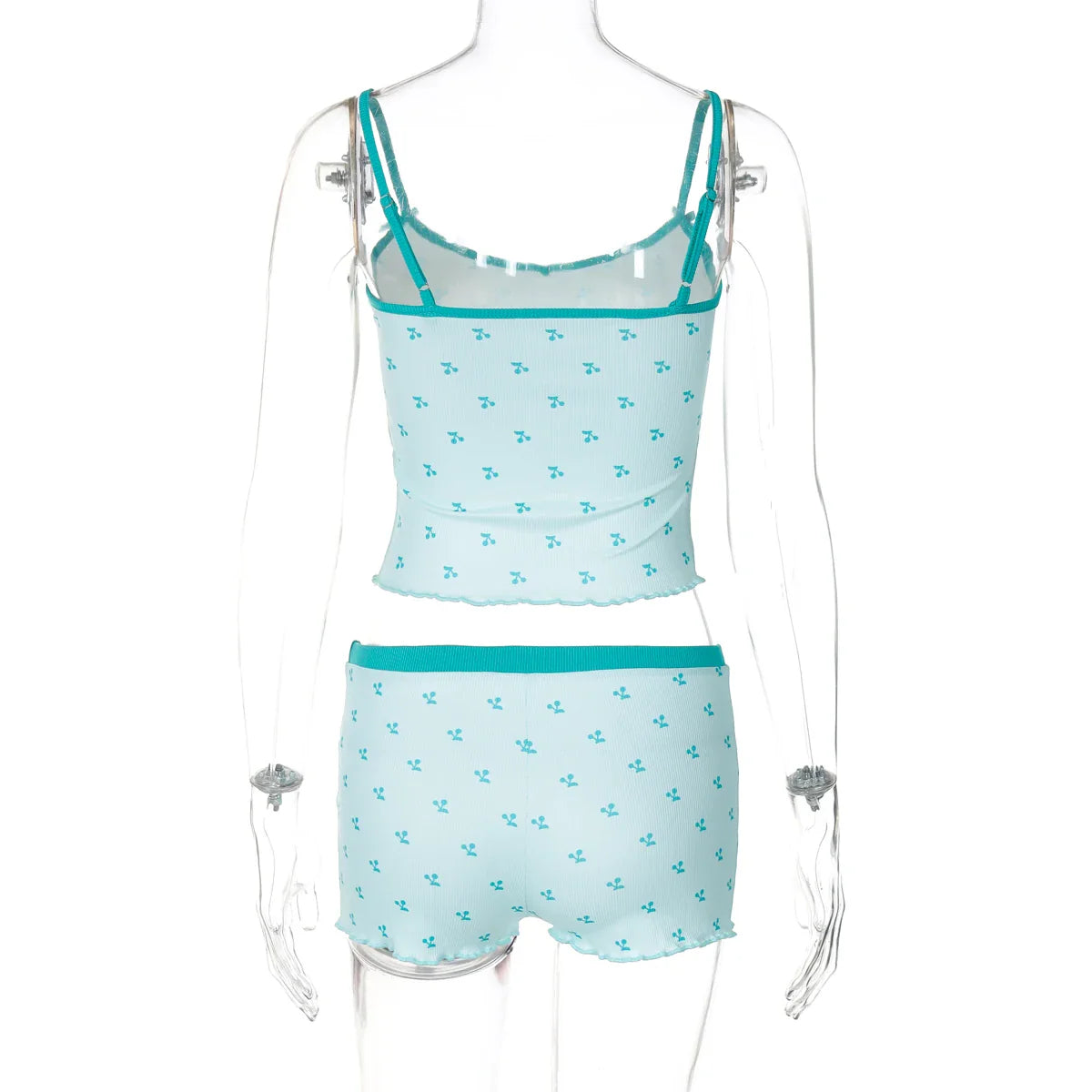 Cherry Print Two-Piece Matching Set with Slim Crop Camisole Top and Bow-Accent Shorts Summer Casual Festival and Workout Outfit for Women