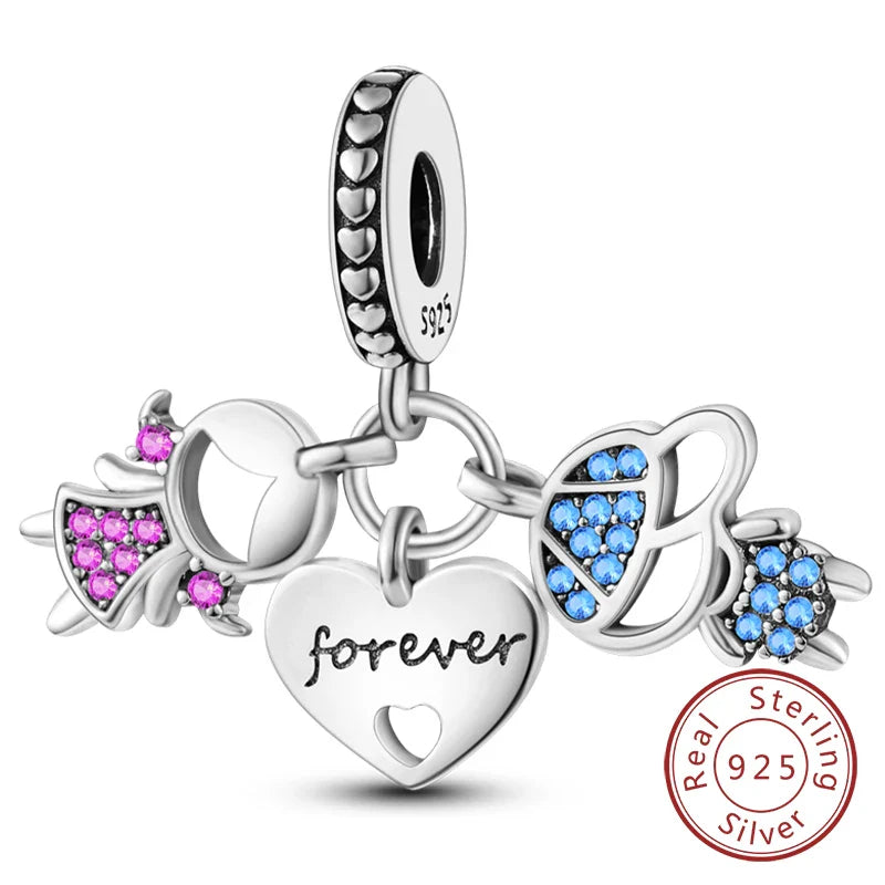 925 Sterling Silver Pink Pendant Charm for DIY Jewelry Bracelet and Necklace