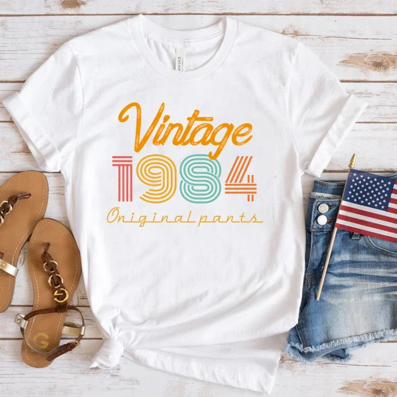 New Vintage 1984 Print T Shirt for Women Casual Round Neck Summer Top with Short Sleeves