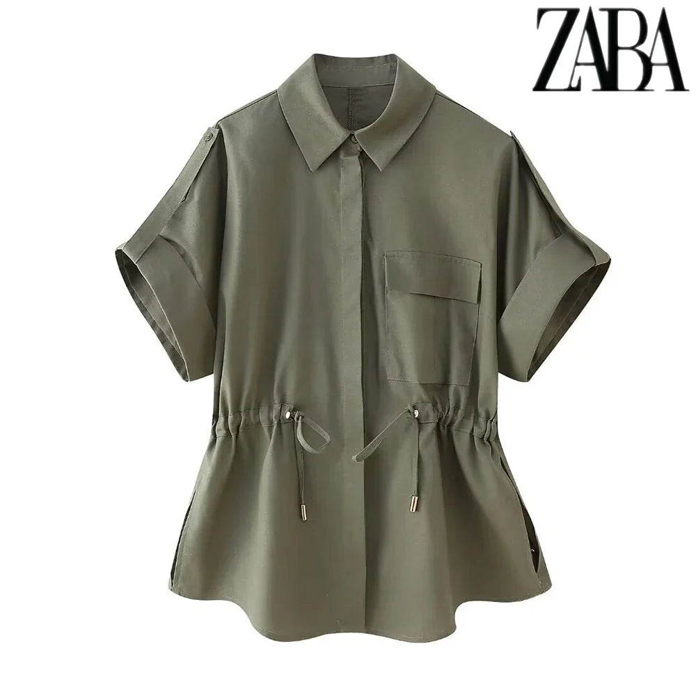 Women's Elegant Short Sleeve Tie Embellished Lapel Shirt and Solid Color Casual Pants Suit for Street Commuter Style