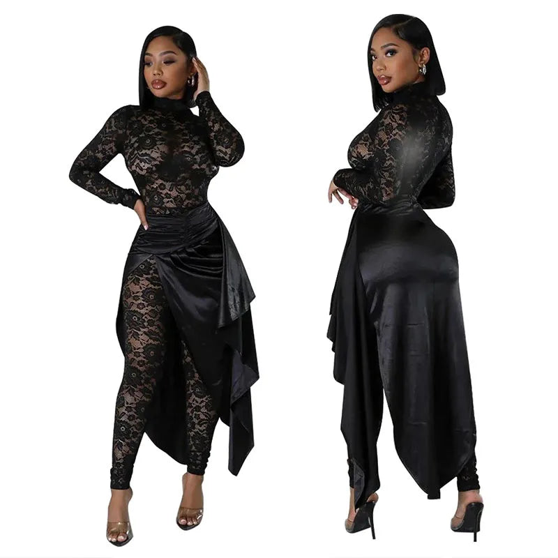 Sexy Sheer Floral Lace Jumpsuit with Overlay Skirt Stretchy Skinny One Piece Romper for Nightclub Party Women Clubwear