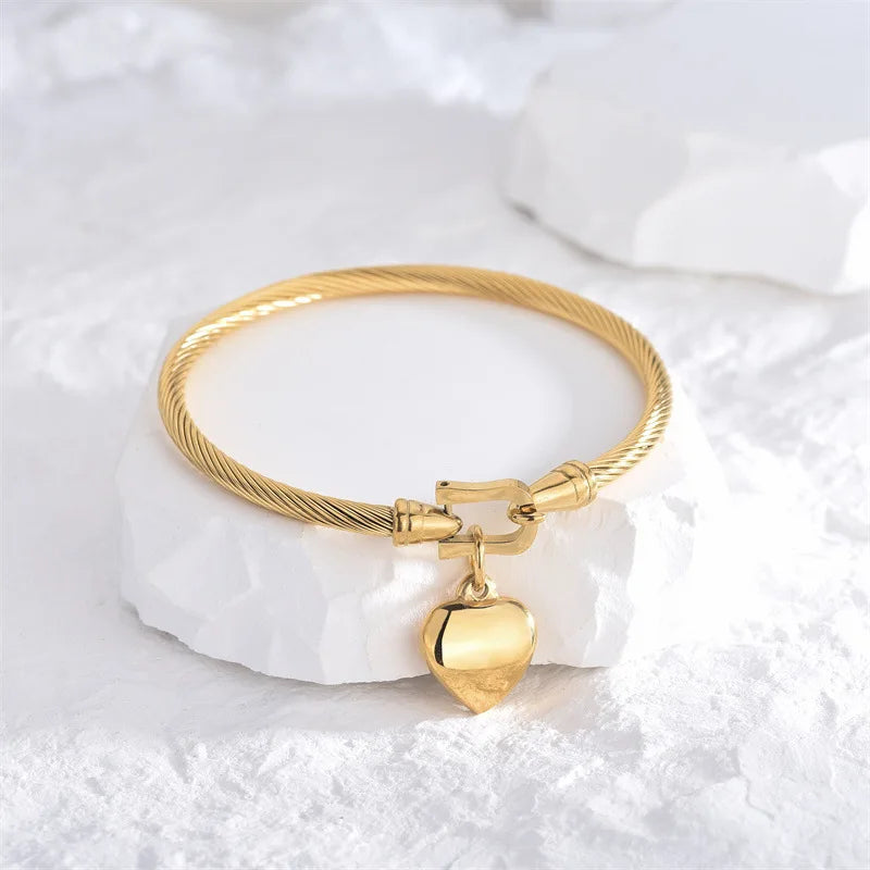 18k Gold Color Stainless Steel Heart Pendant Charm Bangle Bracelet for Men and Women