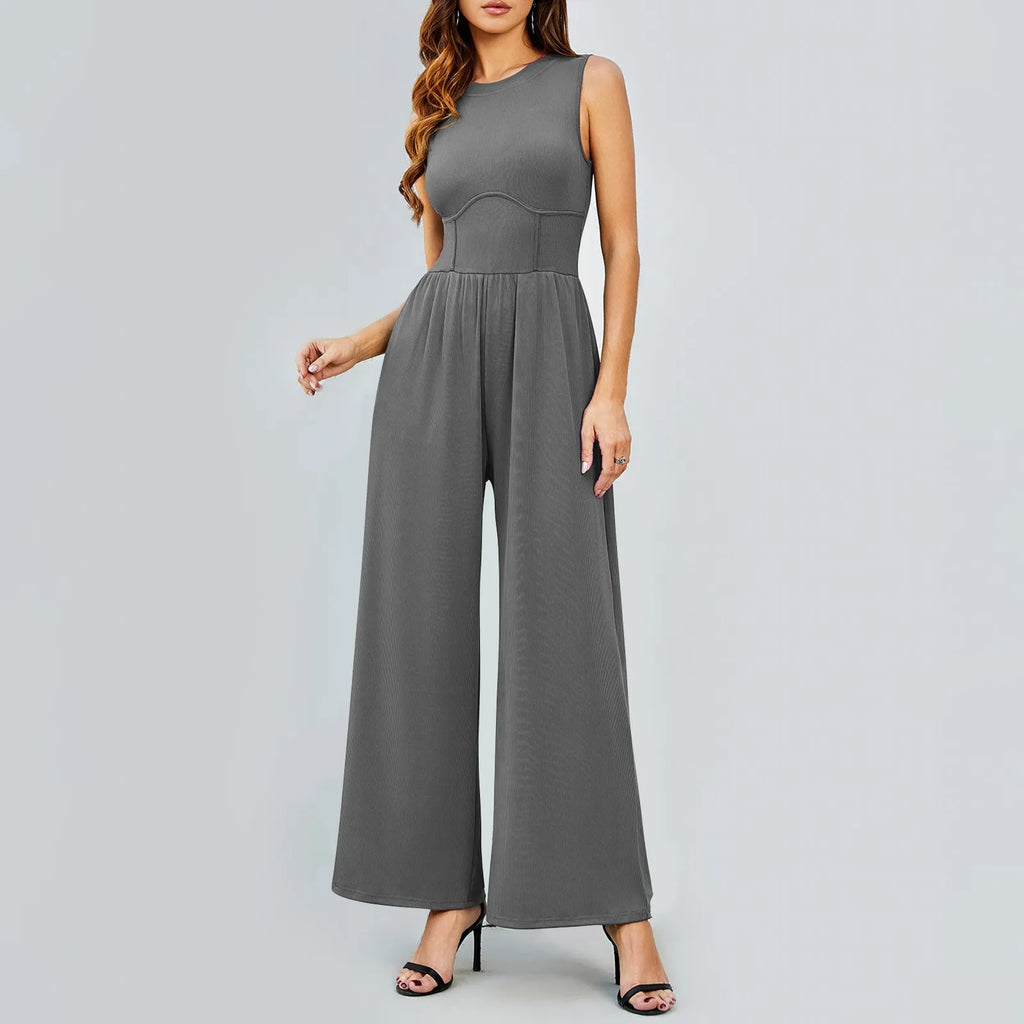 Women Sleeveless High Neck Ribbed Tank Top Jumpsuit Wide Leg Pants Romper with Tummy Control and High Waist Casual Summer Outfit