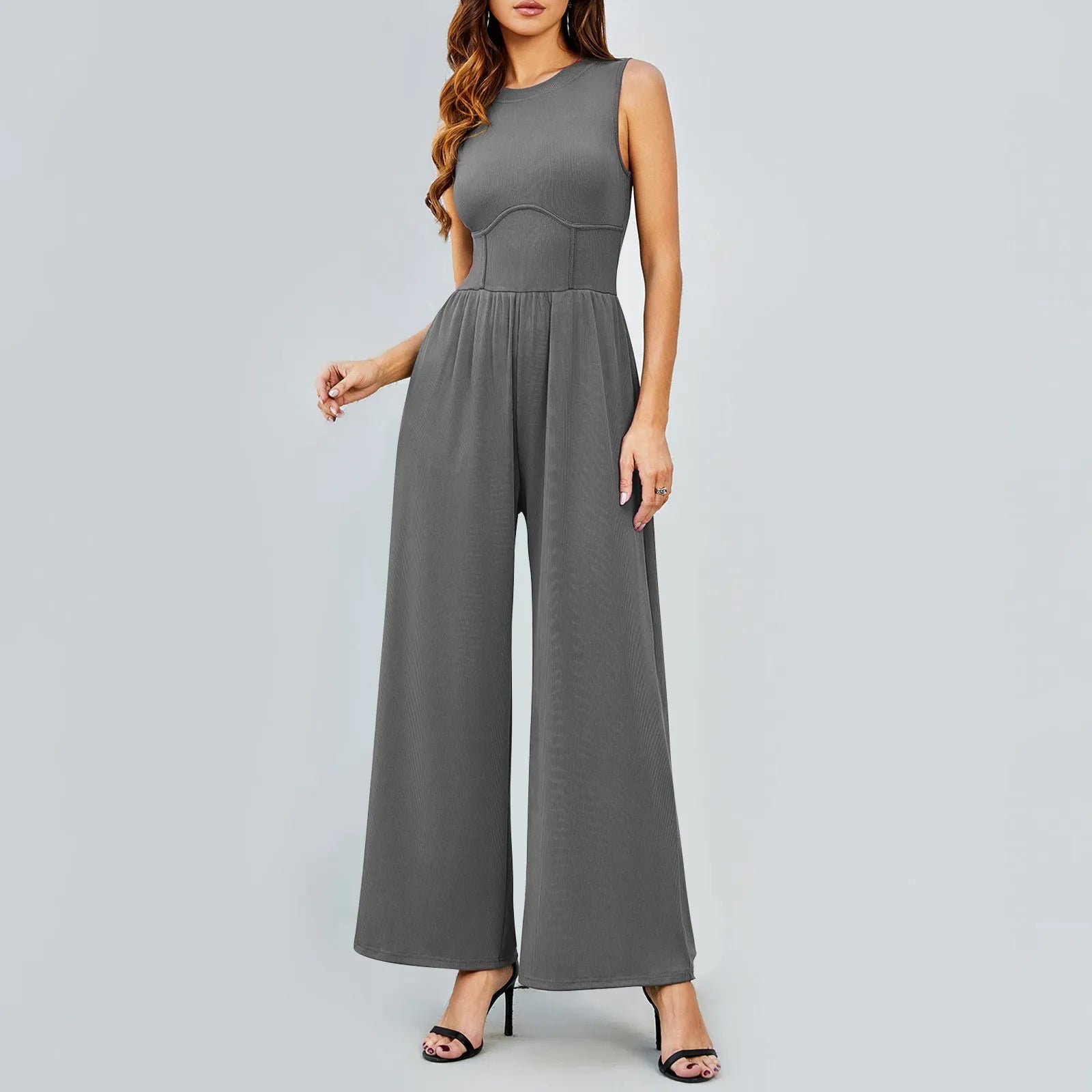 Women Sleeveless High Neck Ribbed Tank Top Jumpsuit Wide Leg Pants Romper with Tummy Control and High Waist Casual Summer Outfit