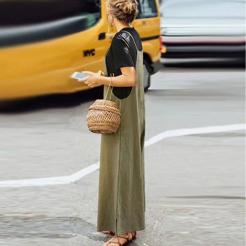 Women's Summer Sleeveless Wide Leg Jumpsuit Solid Color Cotton Linen Bib Overalls Casual Loose Fit Ankle-Length Straps Dungaree