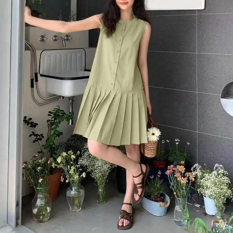 Pleated Button Mini Dress With Tank Sleeveless O Neck