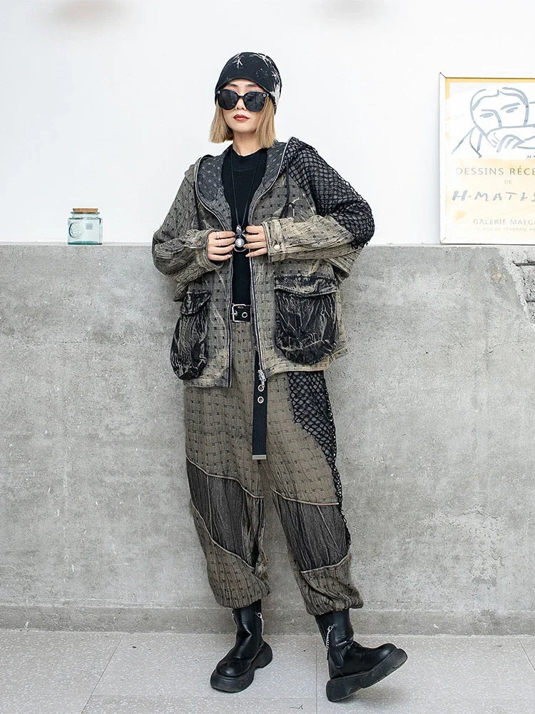 Vintage Denim Two Piece Women's Jacket and Pants Set with Hooded Coat and Casual Mesh Pants