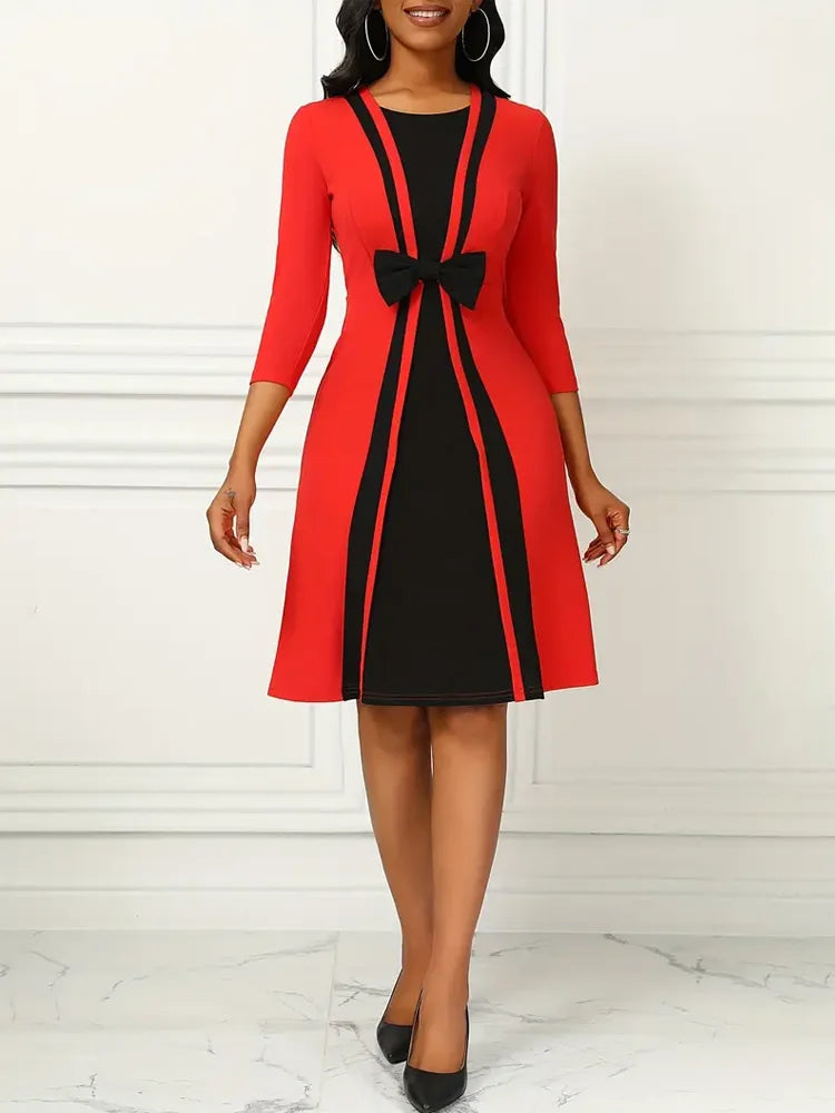 Elegant Square Neck Dress With Patchwork And Bow Details