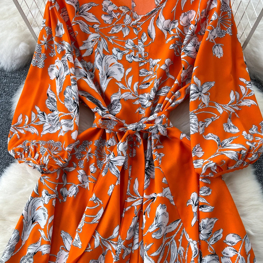 Boho Floral Print Pleated Maxi Dress With Puff Sleeves Belt