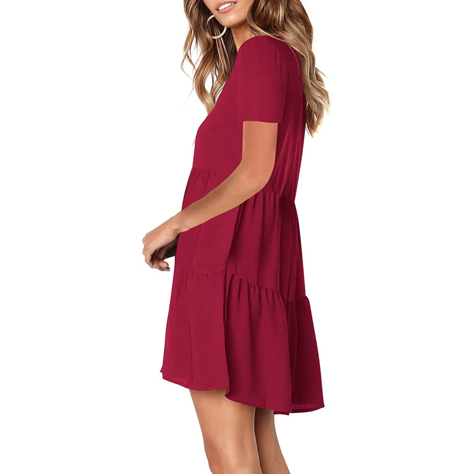Womens V Neck Short Sleeve Loose Fit Dress Solid Color