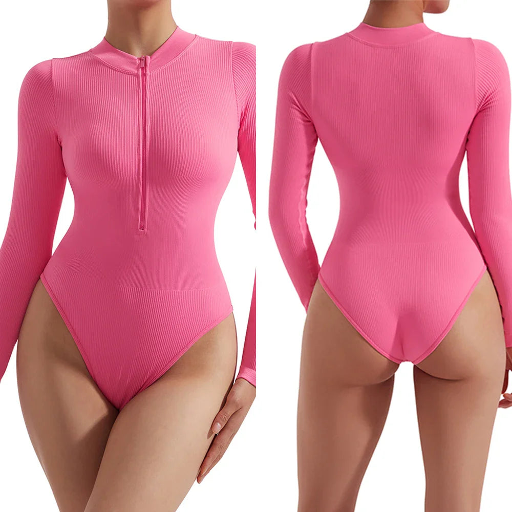 Bodycon Slim Fit Zipper Jumpsuit for Women Casual Brown Fitness Romper Streetwear Playsuit Overall