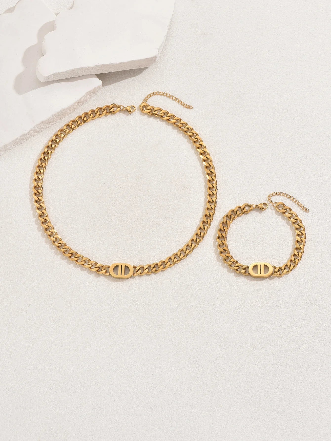 Gold Color Cuban Chain Necklace and Bracelet Set for Women with Geometric Charms