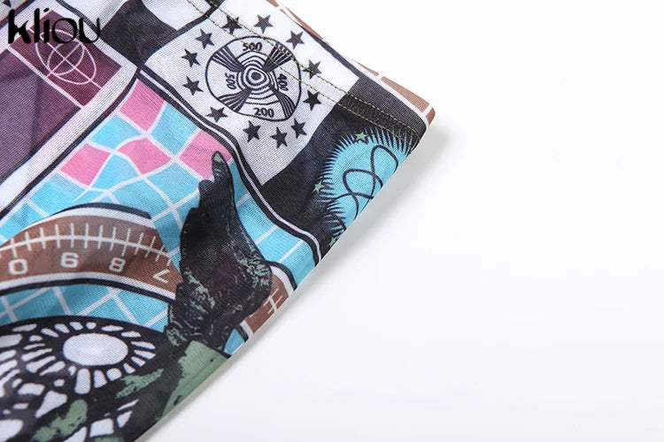 Aesthetic Print Women 2 Piece Set Vintage Hipster Autumn O-neck Full Sleeve Tops and High Waist Pants Clubwear