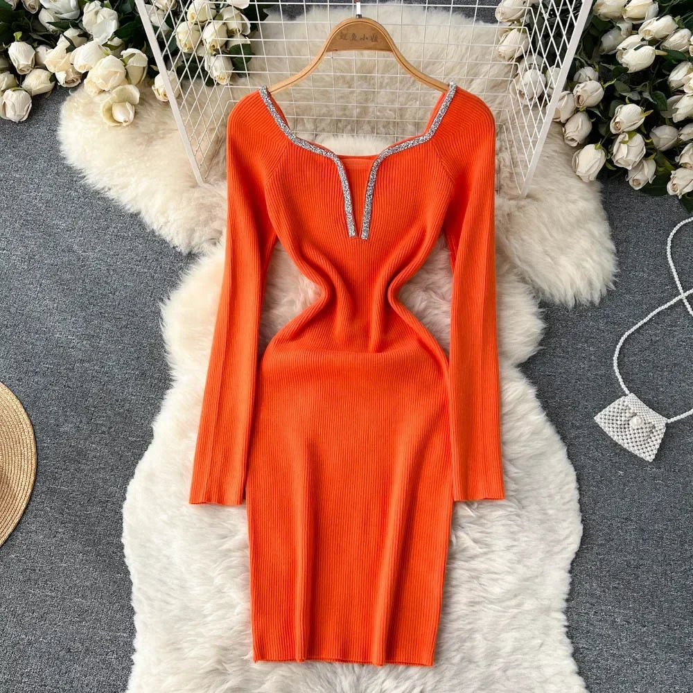 Knit Bodycon Dress For Women Long Sleeve Winter Sweater