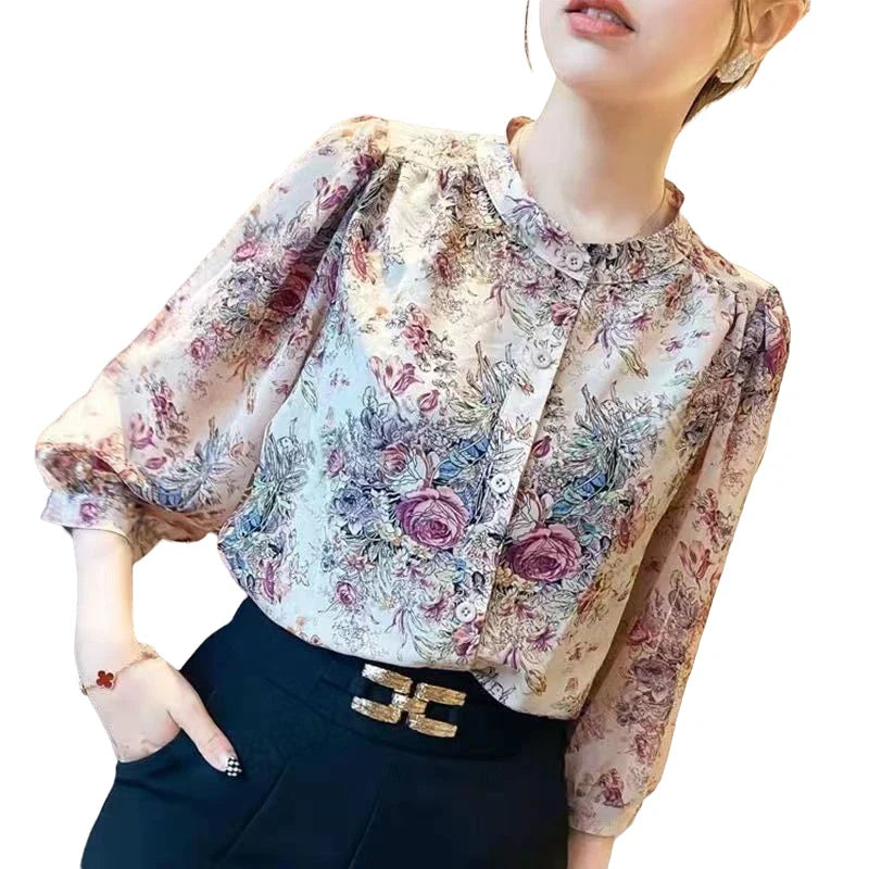 Vintage Elegant Women's Chiffon O-Neck Lantern Sleeve Printed Blouse Slim Fit Casual Office Shirt