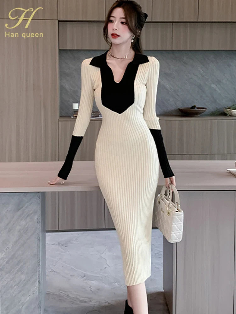Korean Style Knit Dress Long Sleeve Color Block Lace