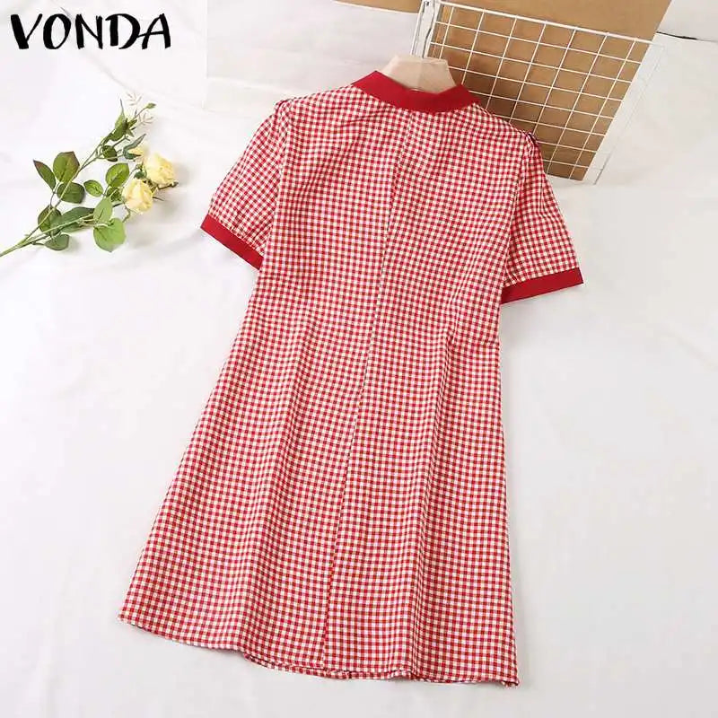 Boho Plaid Mini Dress Puff Sleeve A Line Sundress Style