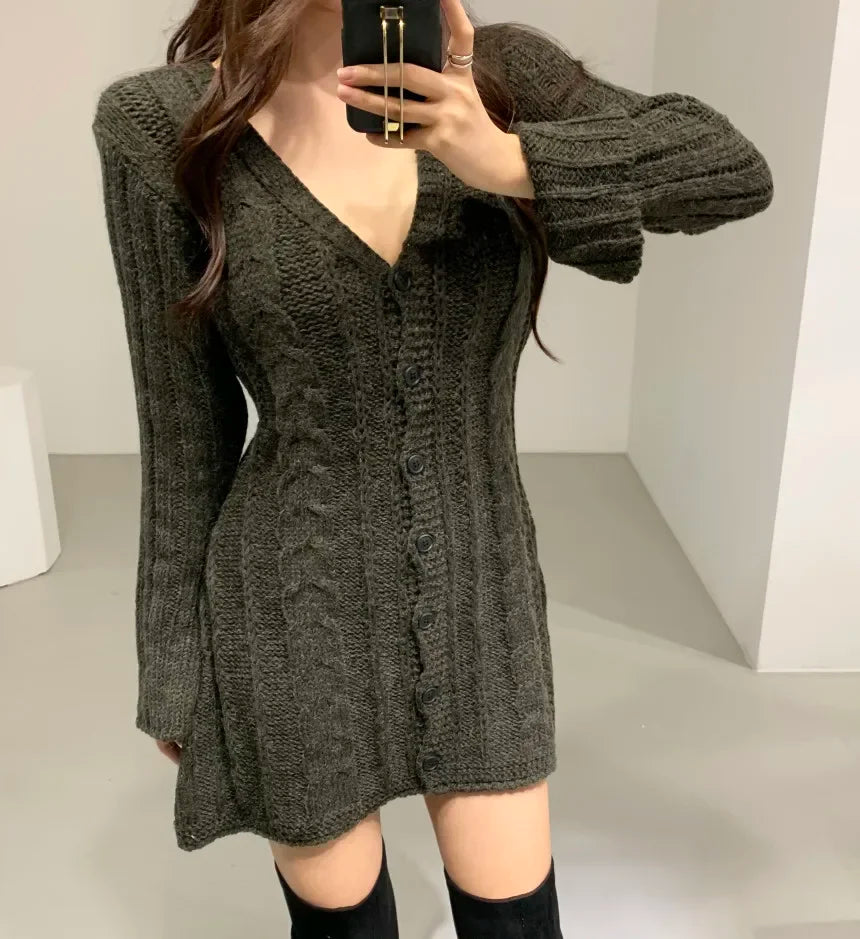 Cable Knit Sweater Dress For Women Long Sleeve Button Down