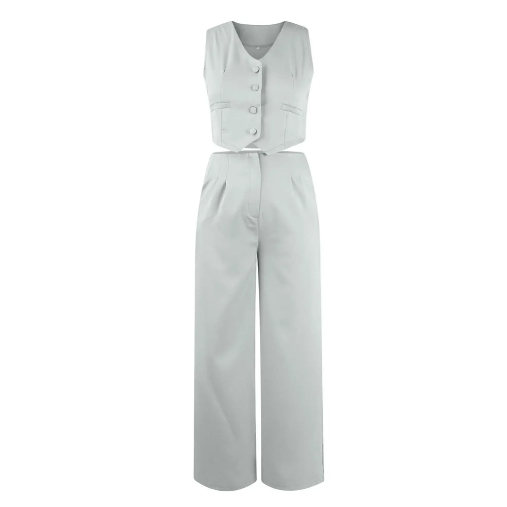 Sleeveless V-Neck Vest and Wide Leg Pants Suit for Women