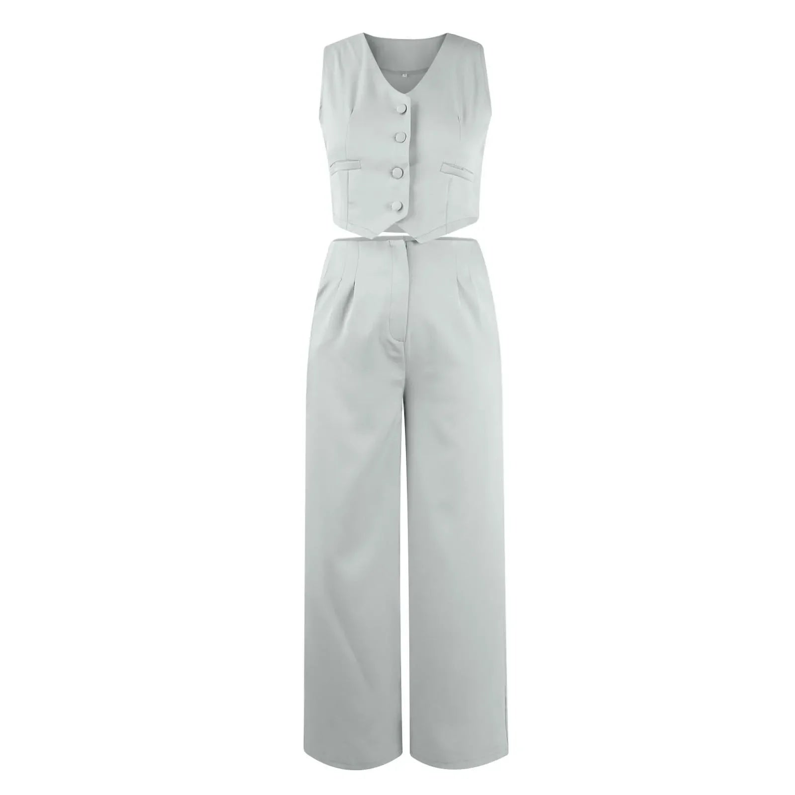 Sleeveless V-Neck Vest and Wide Leg Pants Suit for Women