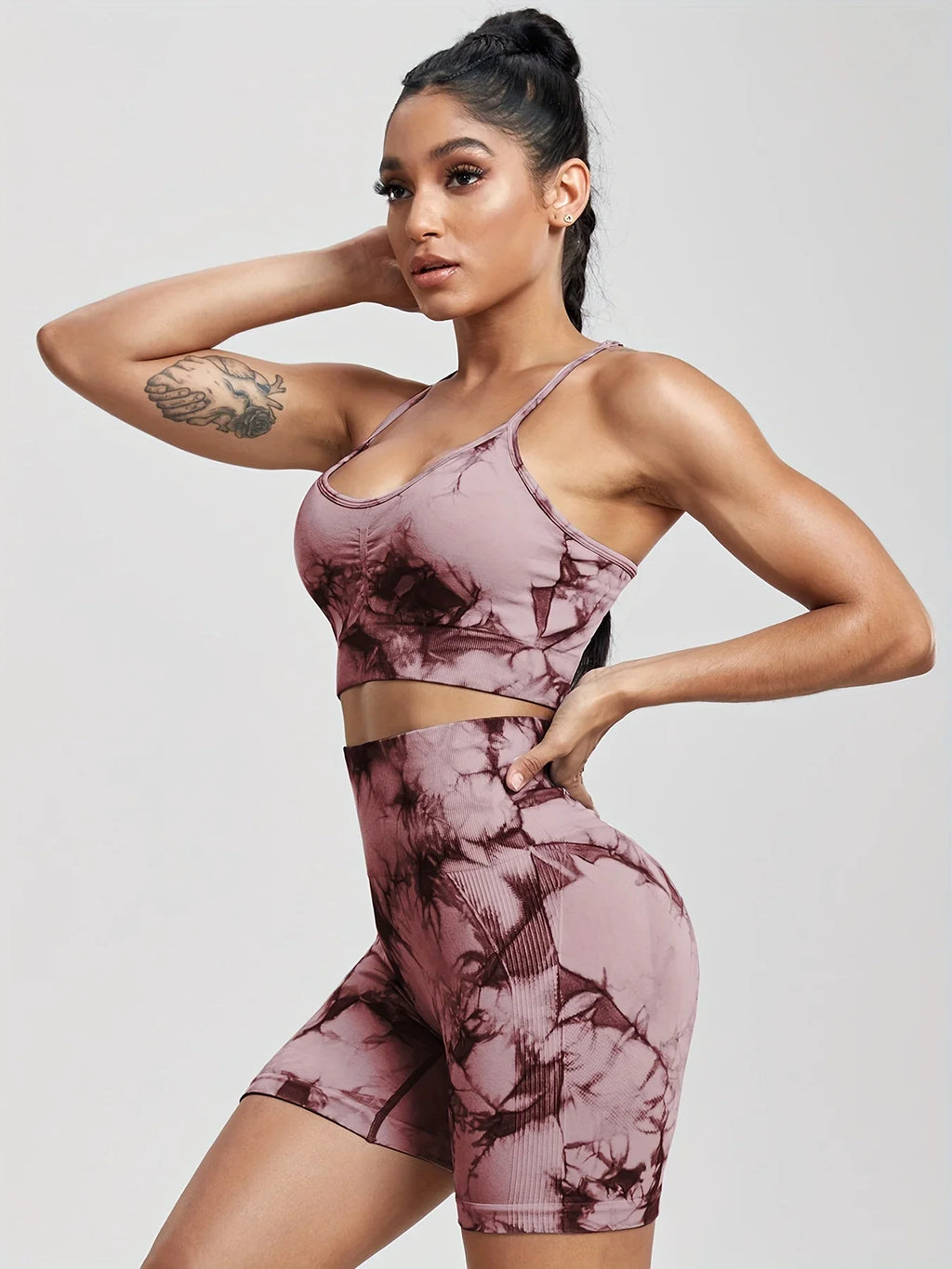 2-Piece Women Tie-Dye Sports Shorts and Crop Top Set Breathable Athletic Workout Gym Outfit Perfect for Yoga Fitness and Biking