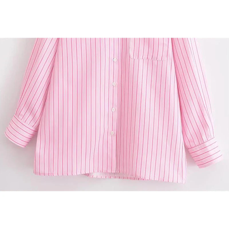 Chic Pink Striped Loose Fit Long Sleeve Blouse for Women Elegant Casual Street Style Shirt